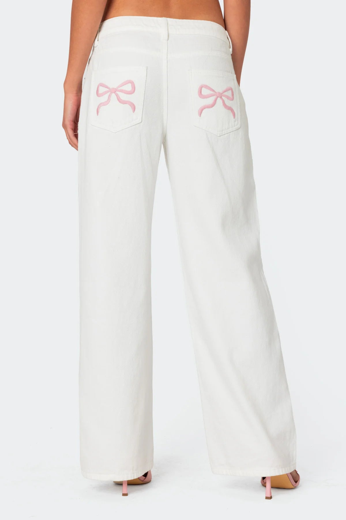 Pink Bow Relaxed White Jeans
