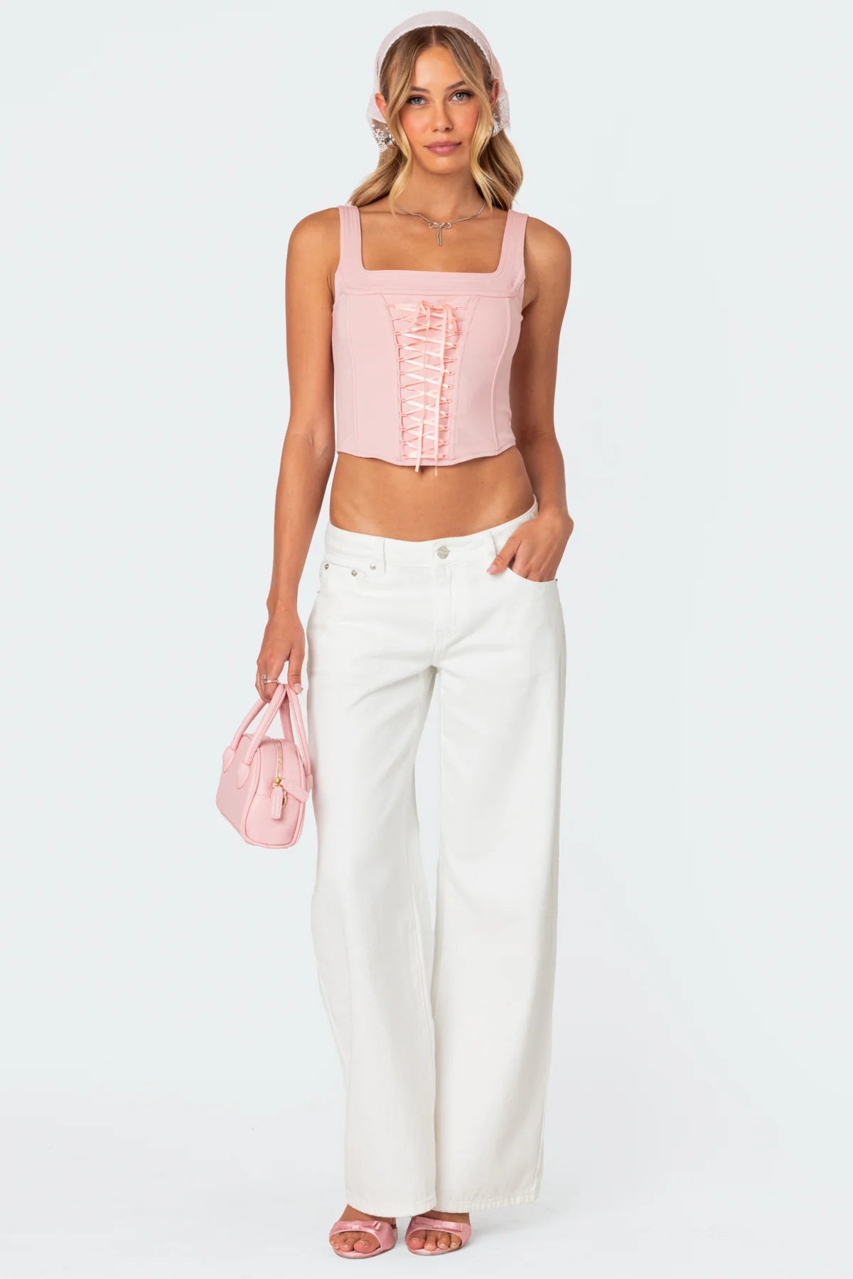 Pink Bow Relaxed White Jeans