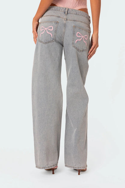 Pink Bow Relaxed Light Blue Jeans