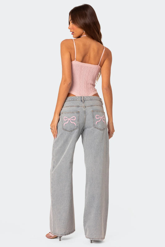 Pink Bow Relaxed Light Blue Jeans