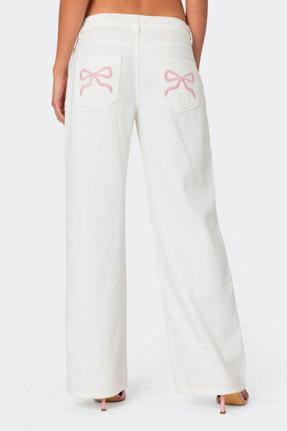 Pink Bow Relaxed White Jeans