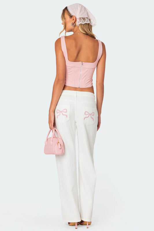 Pink Bow Relaxed White Jeans