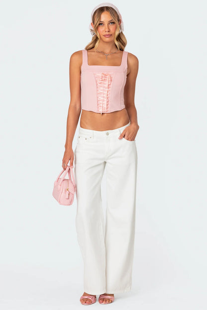 Pink Bow Relaxed White Jeans