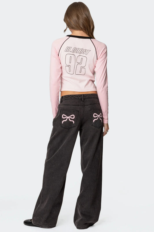 Pink Bow Relaxed Black Jeans